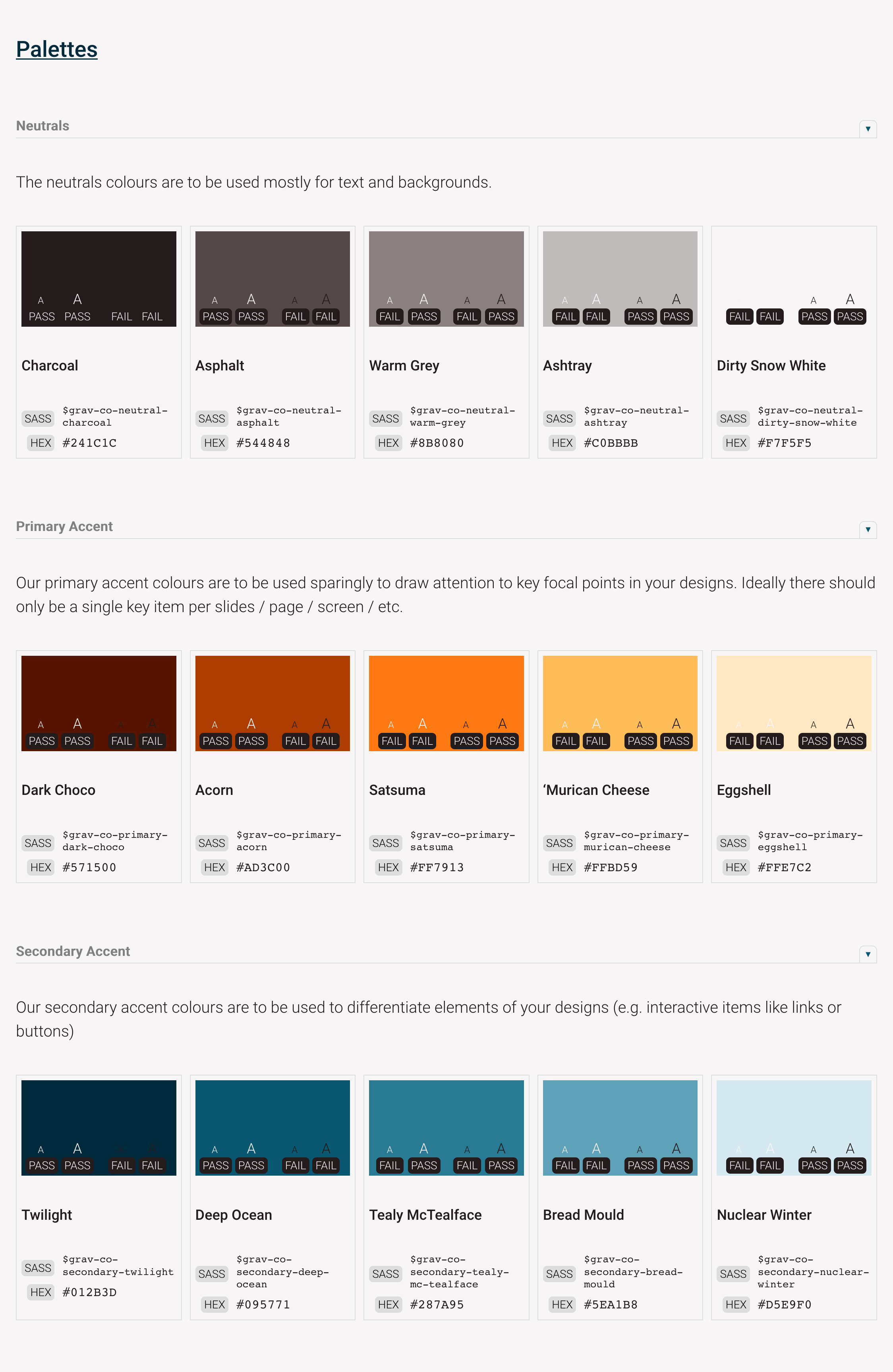 The colour palette in PatternLab with WCAG 2.0 contrast notes