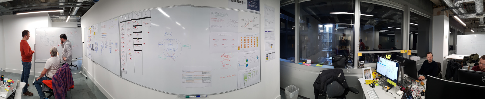 The team area, with a large physical board, the team seating space, more boards, area for displaying sketches and research results